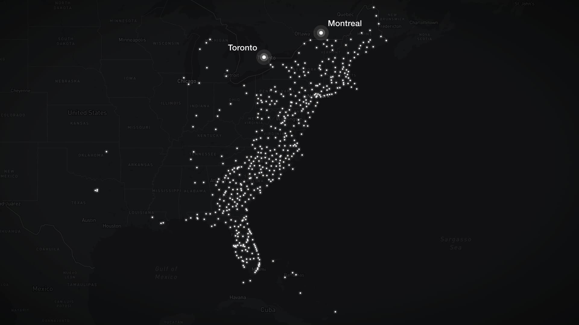 Map of the Flyte network, showing hundreds of airports along the East Coast plus Toronto and Montreal