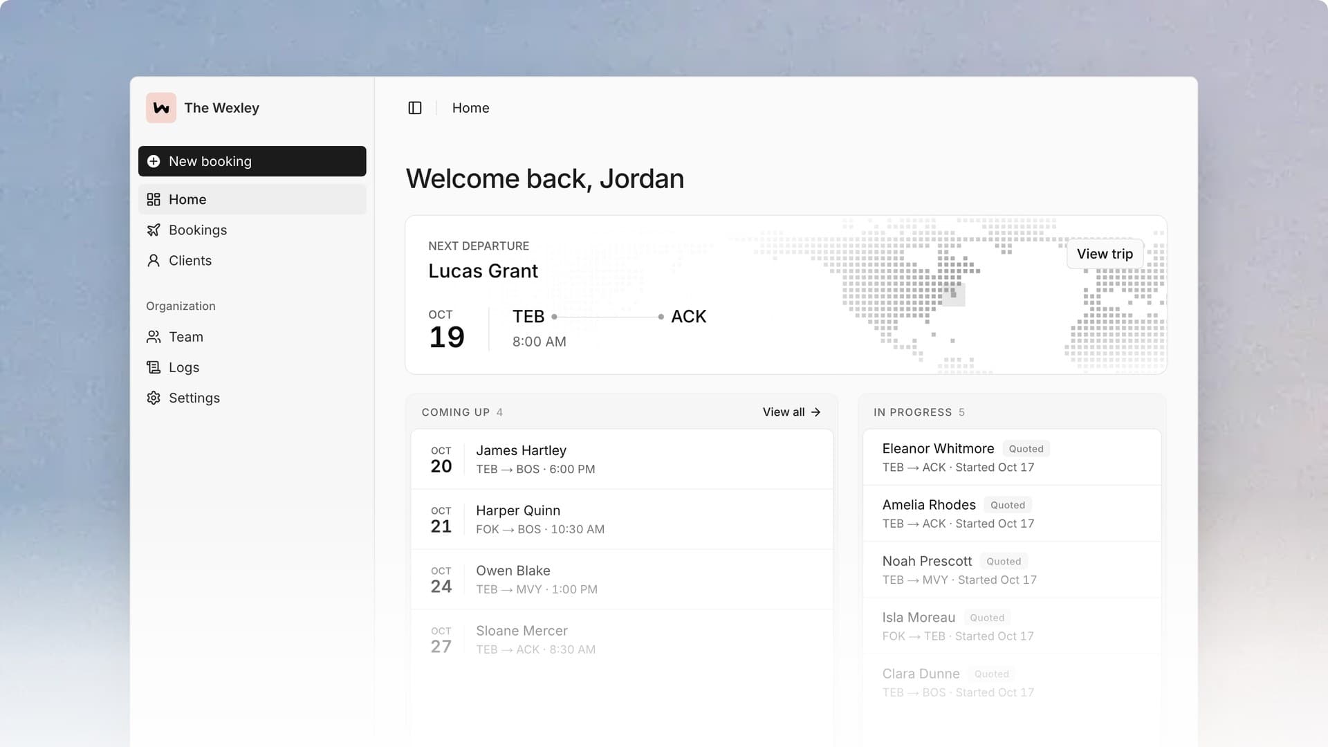 The Flyte Partner Portal home screen for a hotel partner, showing upcoming guest flights