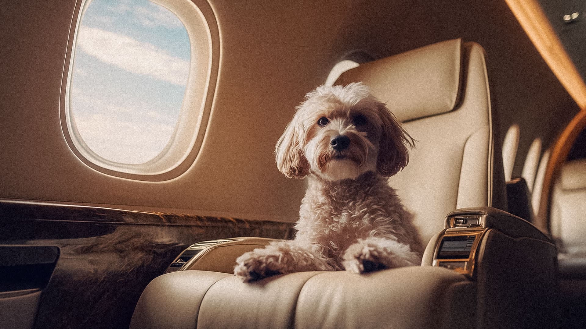A dog perched on a chair in a private airplane, appearing relaxed as it observes the cabin environment.