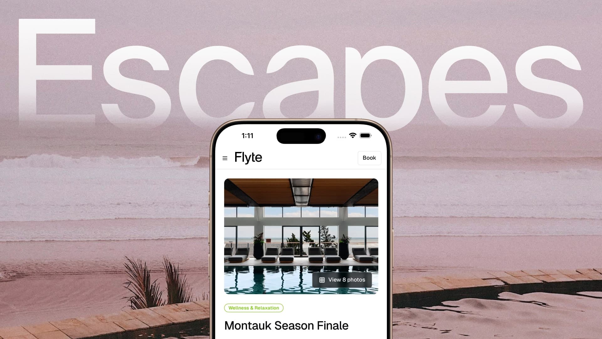 A smartphone displays Flyte app showing a serene indoor pool scene